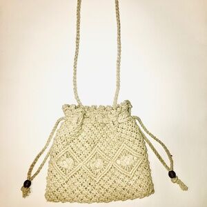100% Cotton Knit Tan Beige Drawstring Bucket Bag Purse Snap Closure Vintage 90s